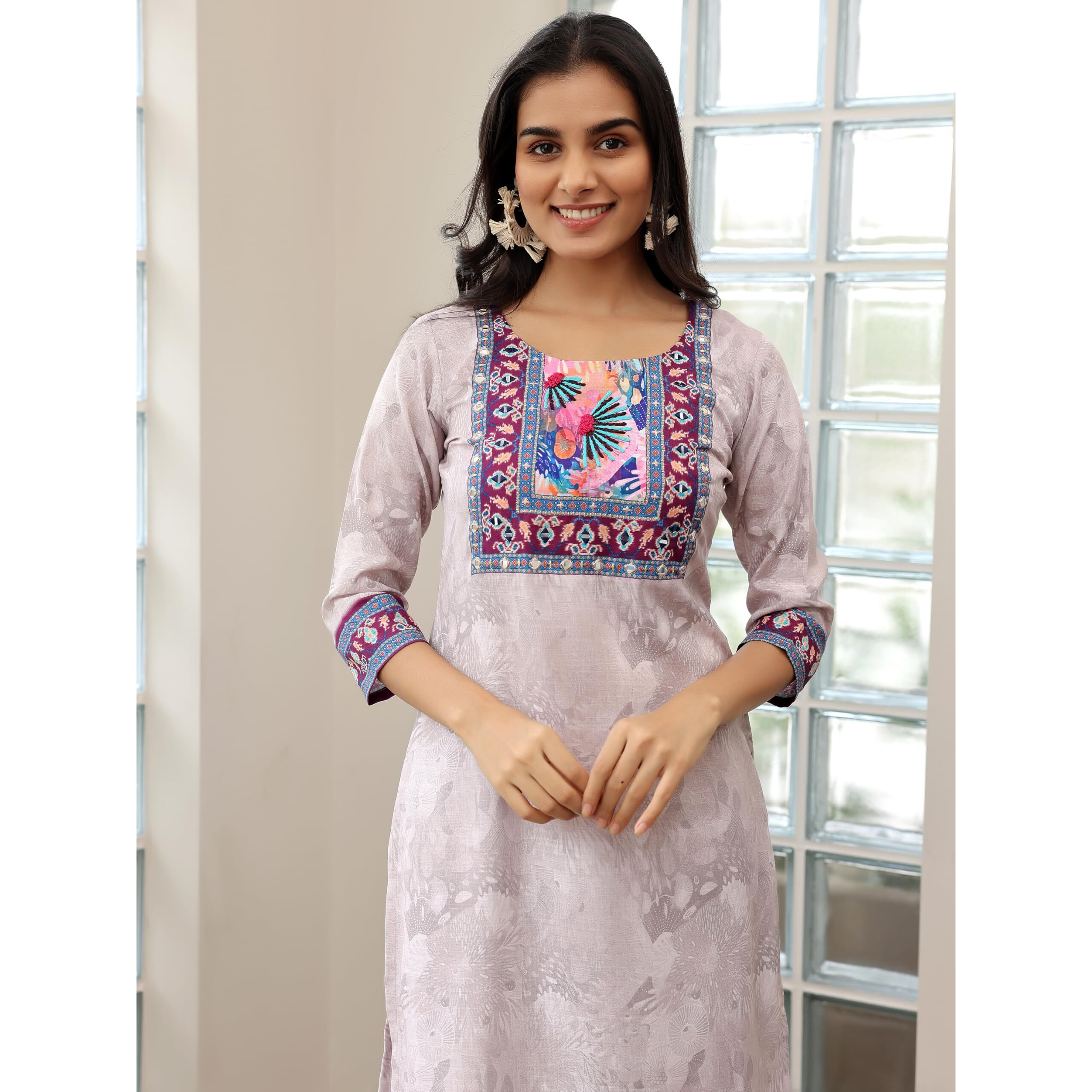 Libas Womens Printed Linen Straight Kurta With Trousers And Dupatta