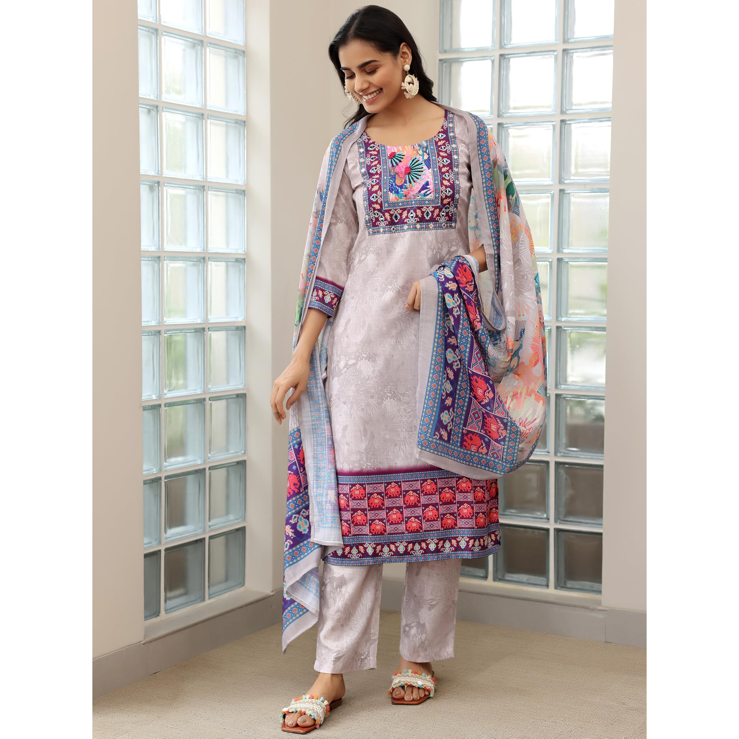 Libas Womens Printed Linen Straight Kurta With Trousers And Dupatta