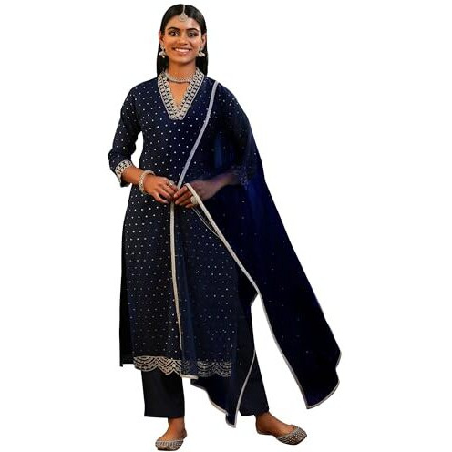 Libas Womens Self Design Silk Blend Straight Kurta With Trousers And Dupatta