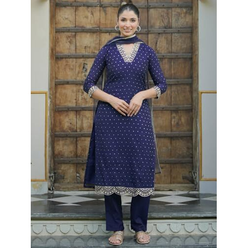 Libas Womens Self Design Silk Blend Straight Kurta With Trousers And Dupatta