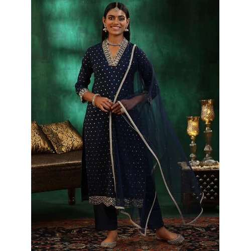 Libas Womens Self Design Silk Blend Straight Kurta With Trousers And Dupatta