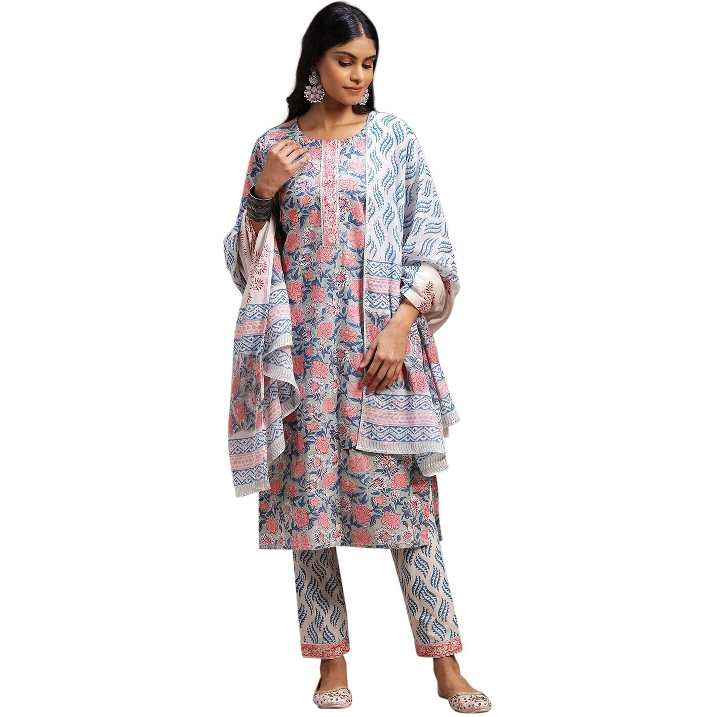 Libas Womens Printed Cotton Straight Kurta With Trousers And Dupatta
