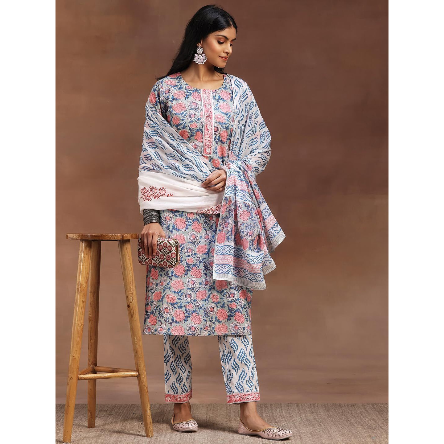 Libas Womens Printed Cotton Straight Kurta With Trousers And Dupatta