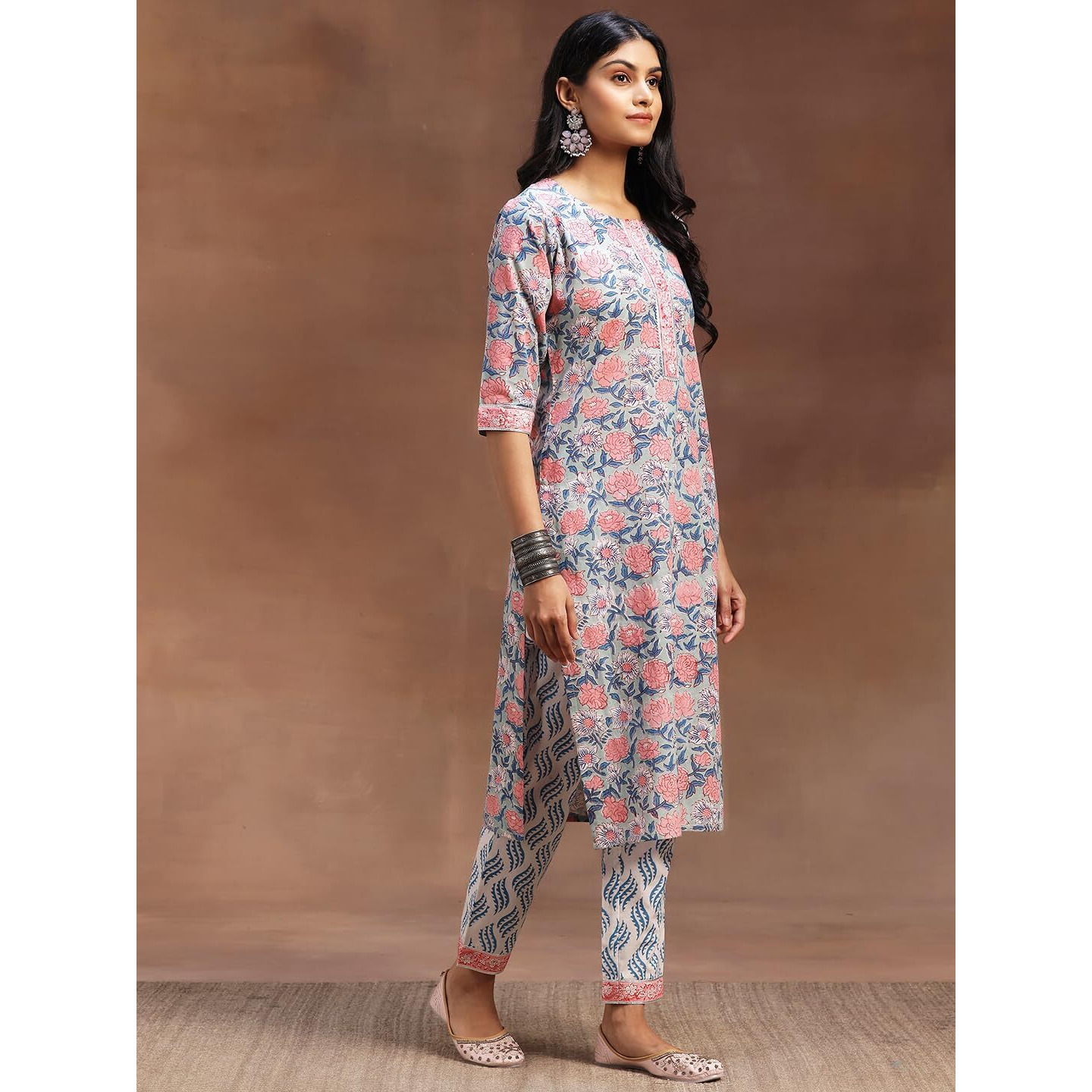 Libas Womens Printed Cotton Straight Kurta With Trousers And Dupatta