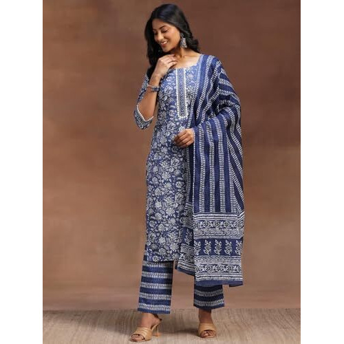 Libas Womens Printed Cotton Straight Kurta With Trousers And Dupatta