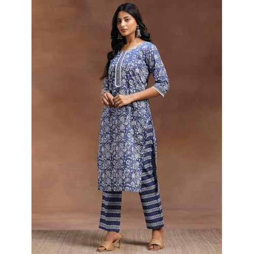 Libas Womens Printed Cotton Straight Kurta With Trousers And Dupatta