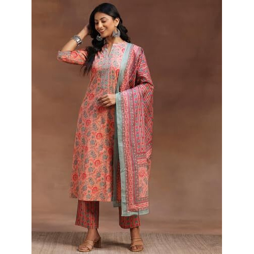 Libas Womens Printed Cotton A-Line Kurta With Trousers And Dupatta