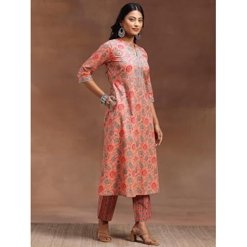 Libas Womens Printed Cotton A-Line Kurta With Trousers And Dupatta