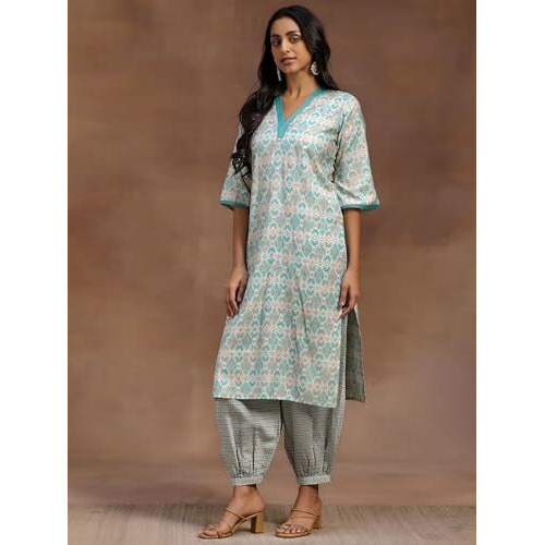 Libas Womens Printed Silk Blend Straight Kurta With Salwar And Dupatta