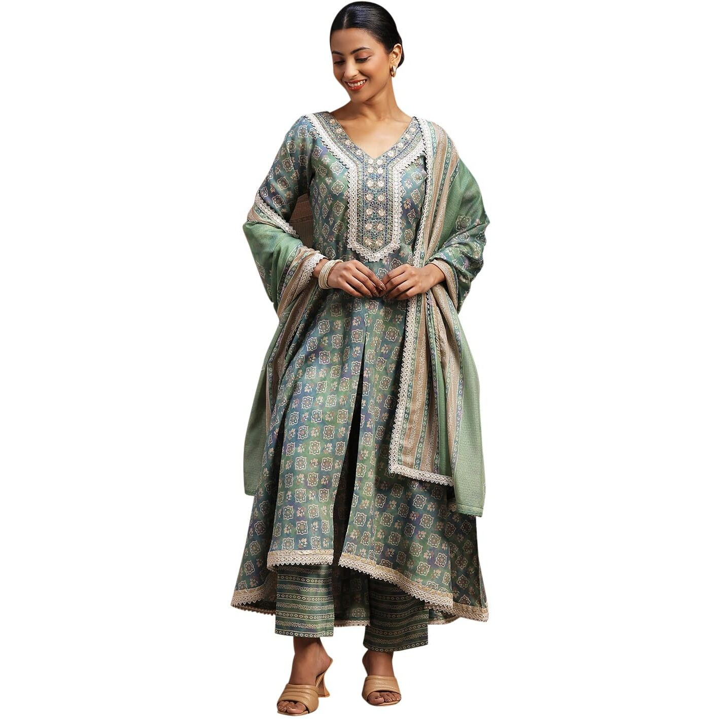 Libas Womens Printed Silk Blend A-Line Kurta With Trousers And Dupatta