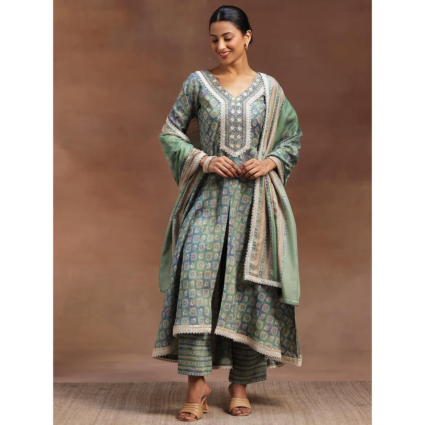 Libas Womens Printed Silk Blend A-Line Kurta With Trousers And Dupatta