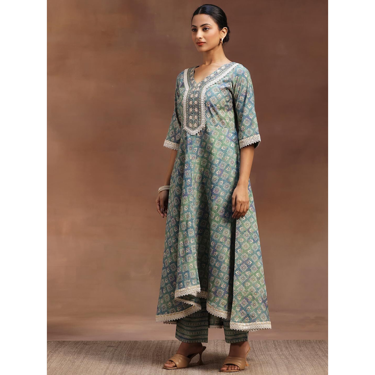Libas Womens Printed Silk Blend A-Line Kurta With Trousers And Dupatta