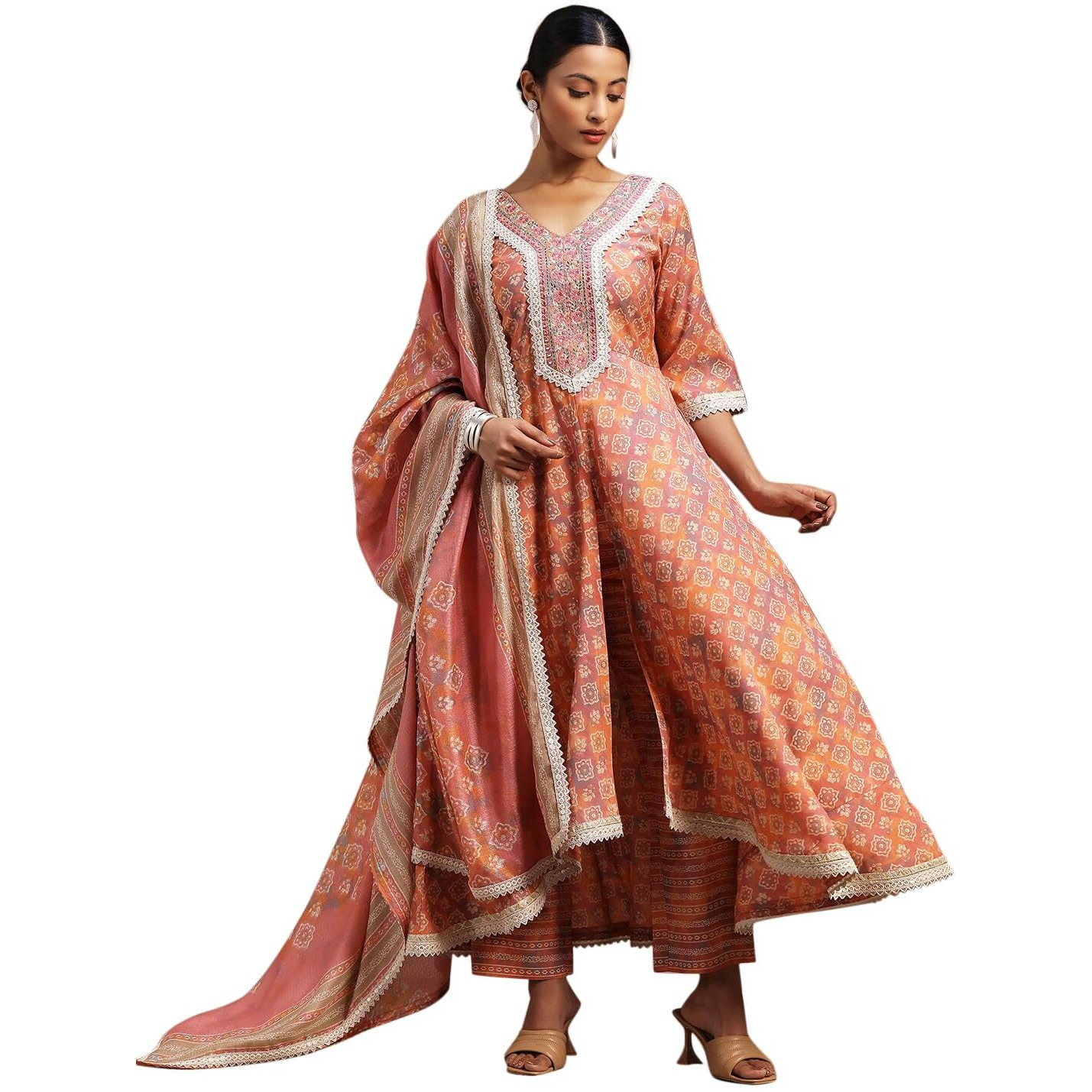 Libas Women's Silk Blend Printed Kurta Set (36696O_Peach