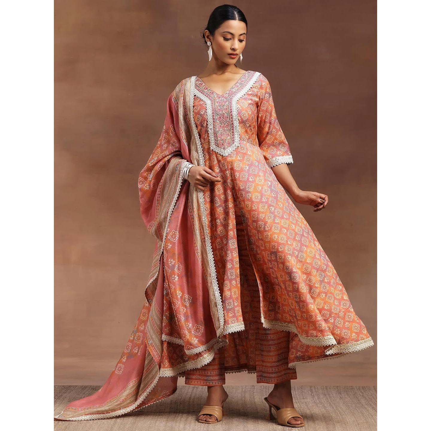 Libas Women's Silk Blend Printed Kurta Set (36696O_Peach