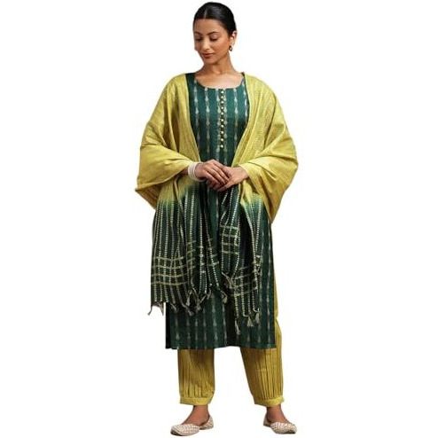 Libas Womens Woven Design Silk Blend Straight Kurta With Salwar And Dupatta