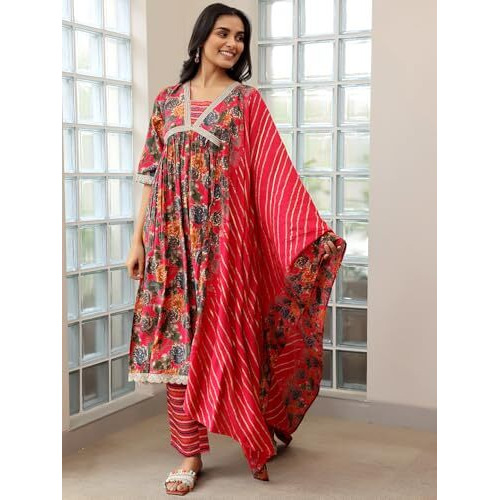Libas Womens Printed Silk Blend A-Line Kurta With Trousers And Dupatta
