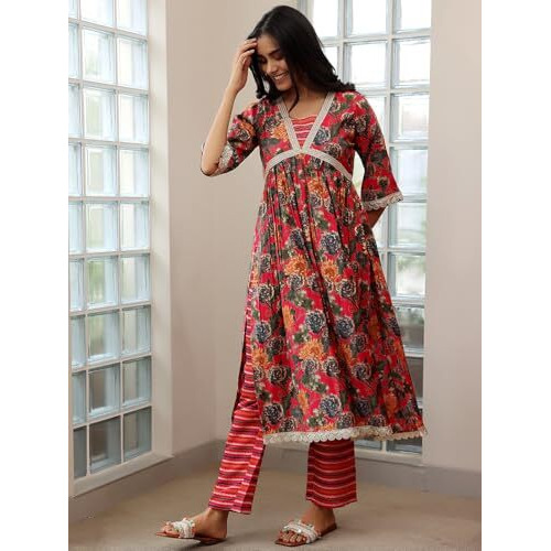 Libas Womens Printed Silk Blend A-Line Kurta With Trousers And Dupatta
