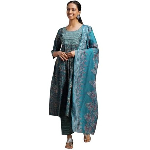 Libas Womens Printed Silk Blend A-Line Kurta With Trousers And Dupatta