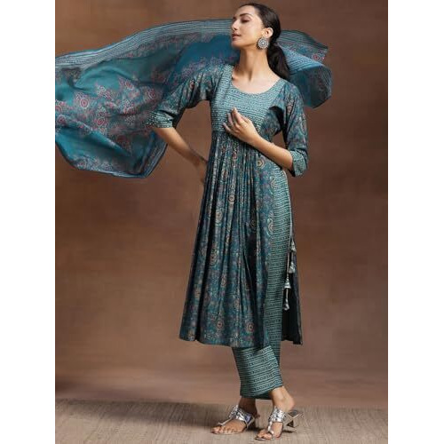 Libas Womens Printed Silk Blend A-Line Kurta With Trousers And Dupatta