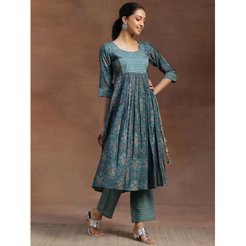 Libas Womens Printed Silk Blend A-Line Kurta With Trousers And Dupatta