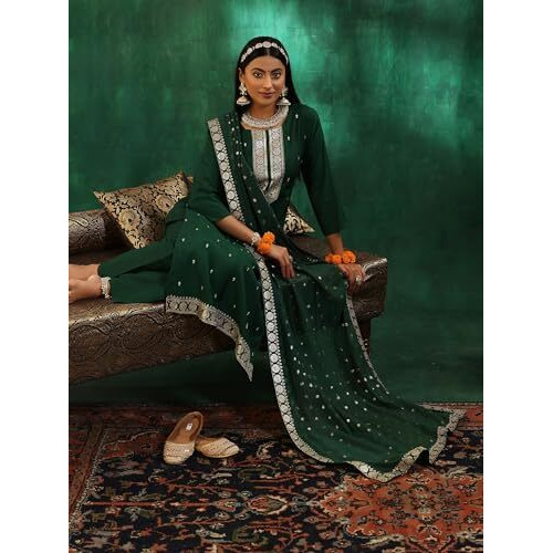 Libas Women's Silk Blend Self Design Kurta Set (48679_Green