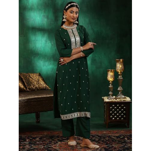 Libas Women's Silk Blend Self Design Kurta Set (48679_Green
