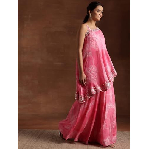 Libas Women's Silk Blend Regular Co-Ords Set (27858_Pink