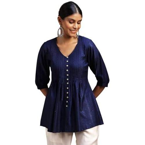 Libas Women's Silk Blend Woven Design Regular Kurti (29103O Blue