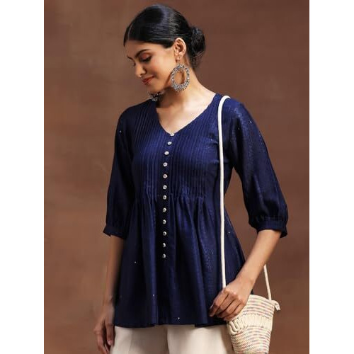 Libas Women's Silk Blend Woven Design Regular Kurti (29103O Blue