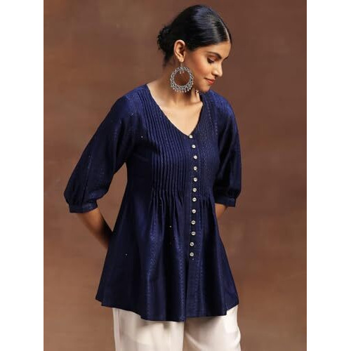 Libas Women's Silk Blend Woven Design Regular Kurti (29103O Blue