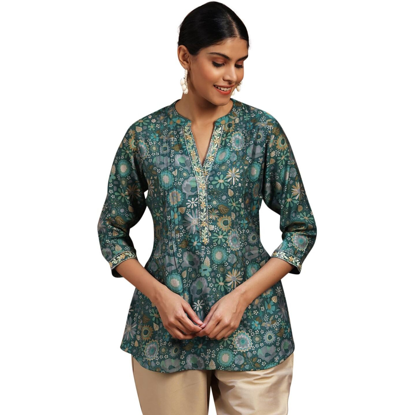 Libas Women's Silk Blend Printed A-Line Kurtis (29109O_Green