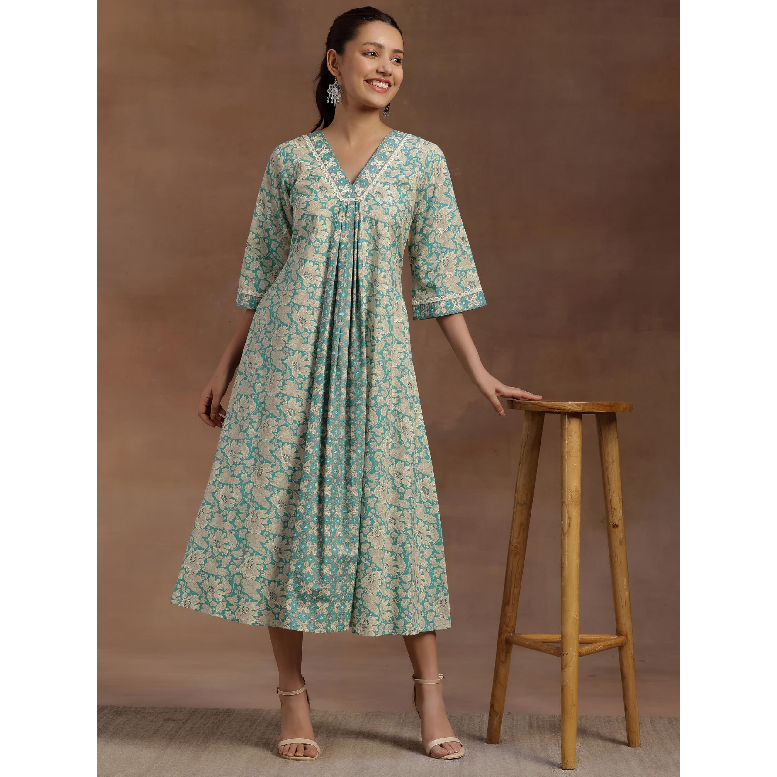 Libas Women's Cotton Fit And Flare Midi Dress (29115O Blue