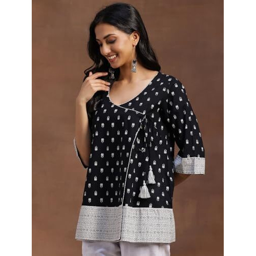 Libas Women's Cotton Printed A-Line Kurtis (29124_Black