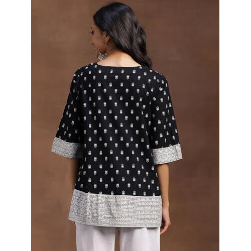 Libas Women's Cotton Printed A-Line Kurtis (29124_Black