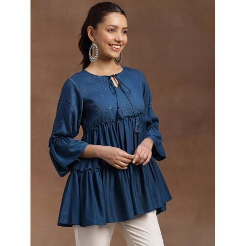 Libas Women's Silk Blend Solid Regular Kurti (29142 Blue