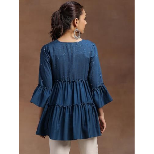 Libas Women's Silk Blend Solid Regular Kurti (29142 Blue
