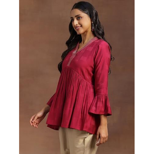 Libas Women's Silk Blend Woven Design A-Line Kurti (29154 Magenta