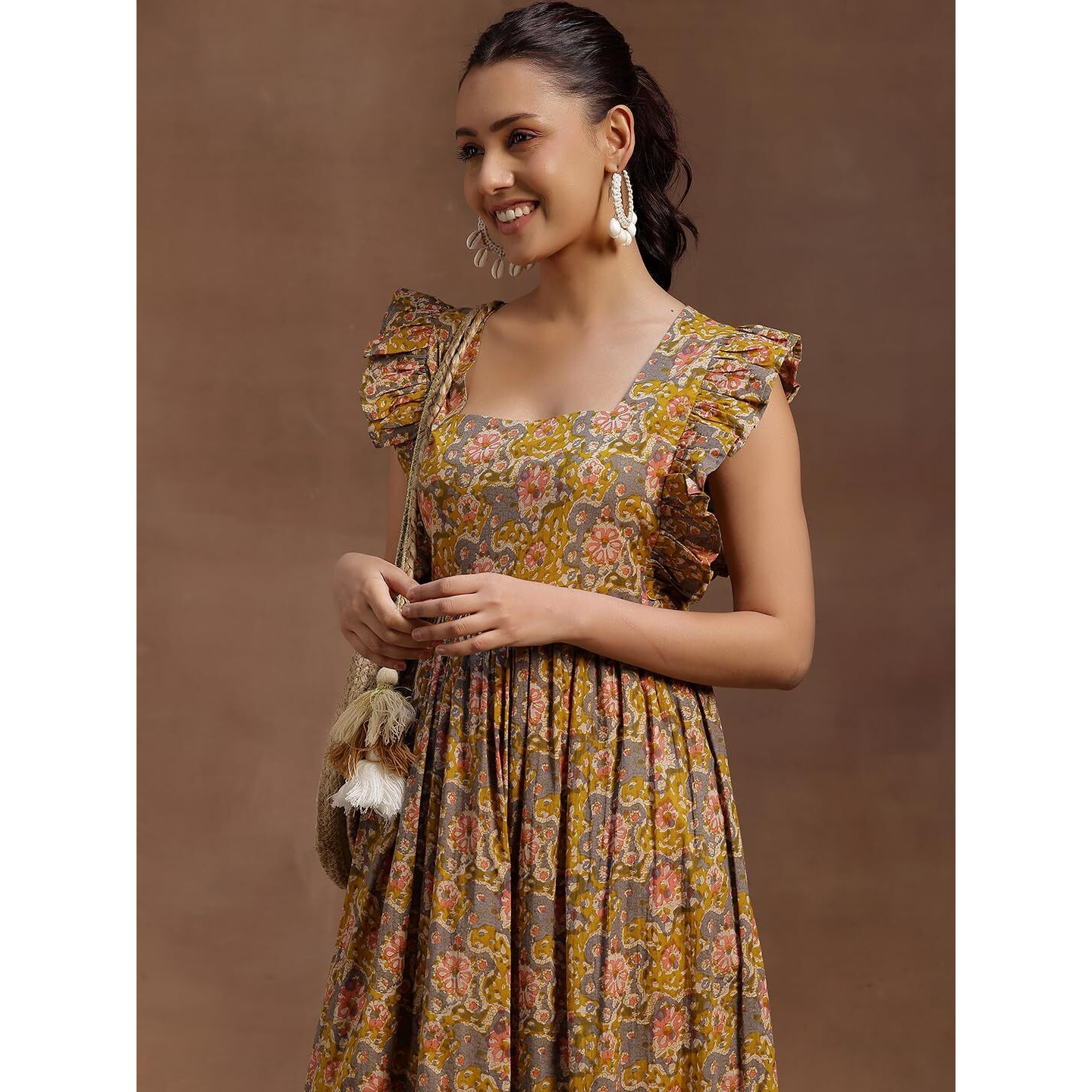 Libas Women's Cotton Fit And Flare Midi Casual Dress (29160_Mustard