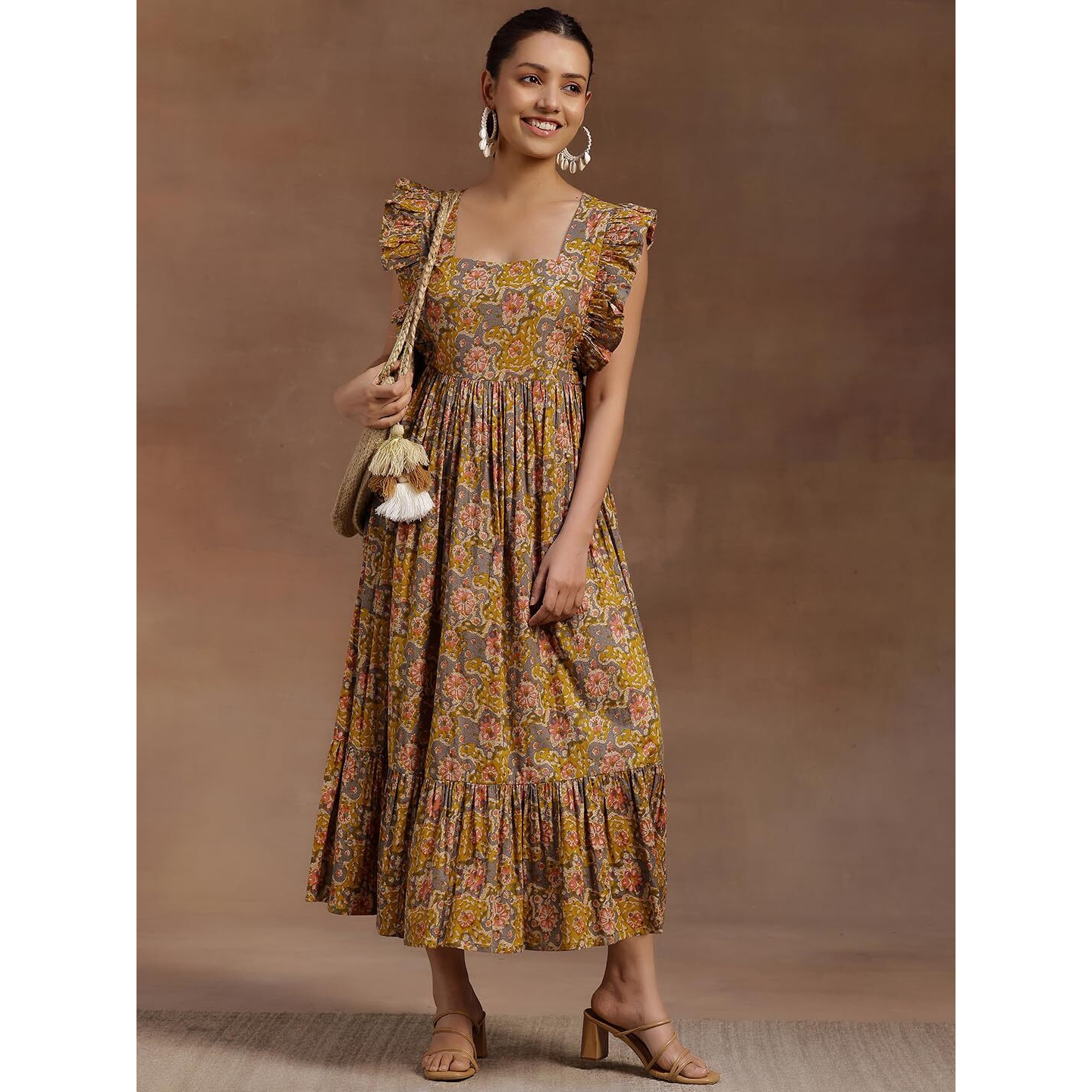 Libas Women's Cotton Fit And Flare Midi Casual Dress (29160_Mustard