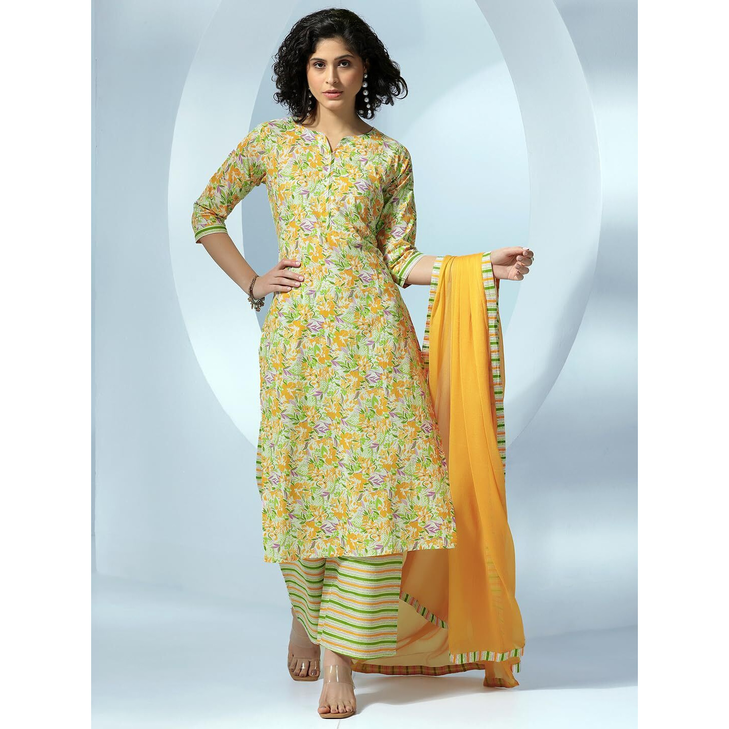 Libas Womens Printed Cotton Straight Kurta With Palazzos And Dupatta