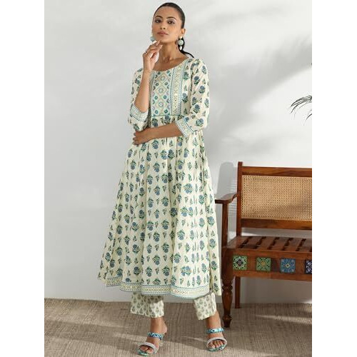 Libas Off White Pure Cotton Printed Kurta Sets For Women