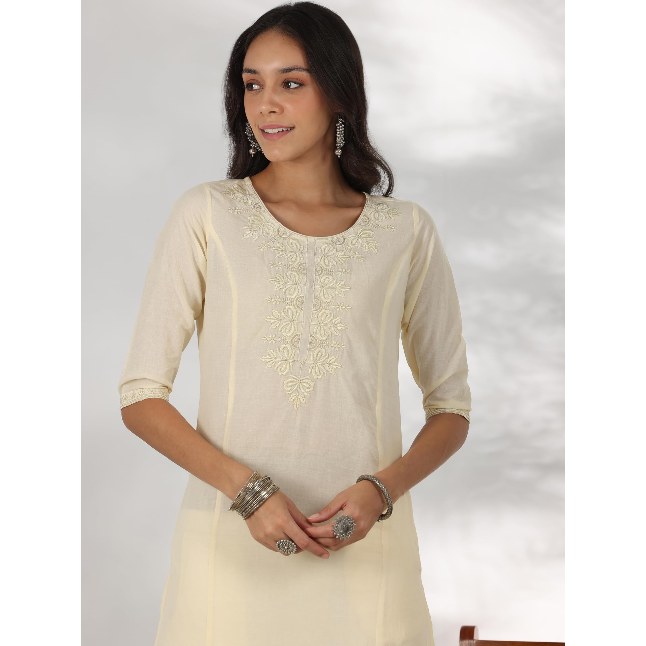 Libas Women's Cotton Yoke Design Straight Kurta (37221_Off White