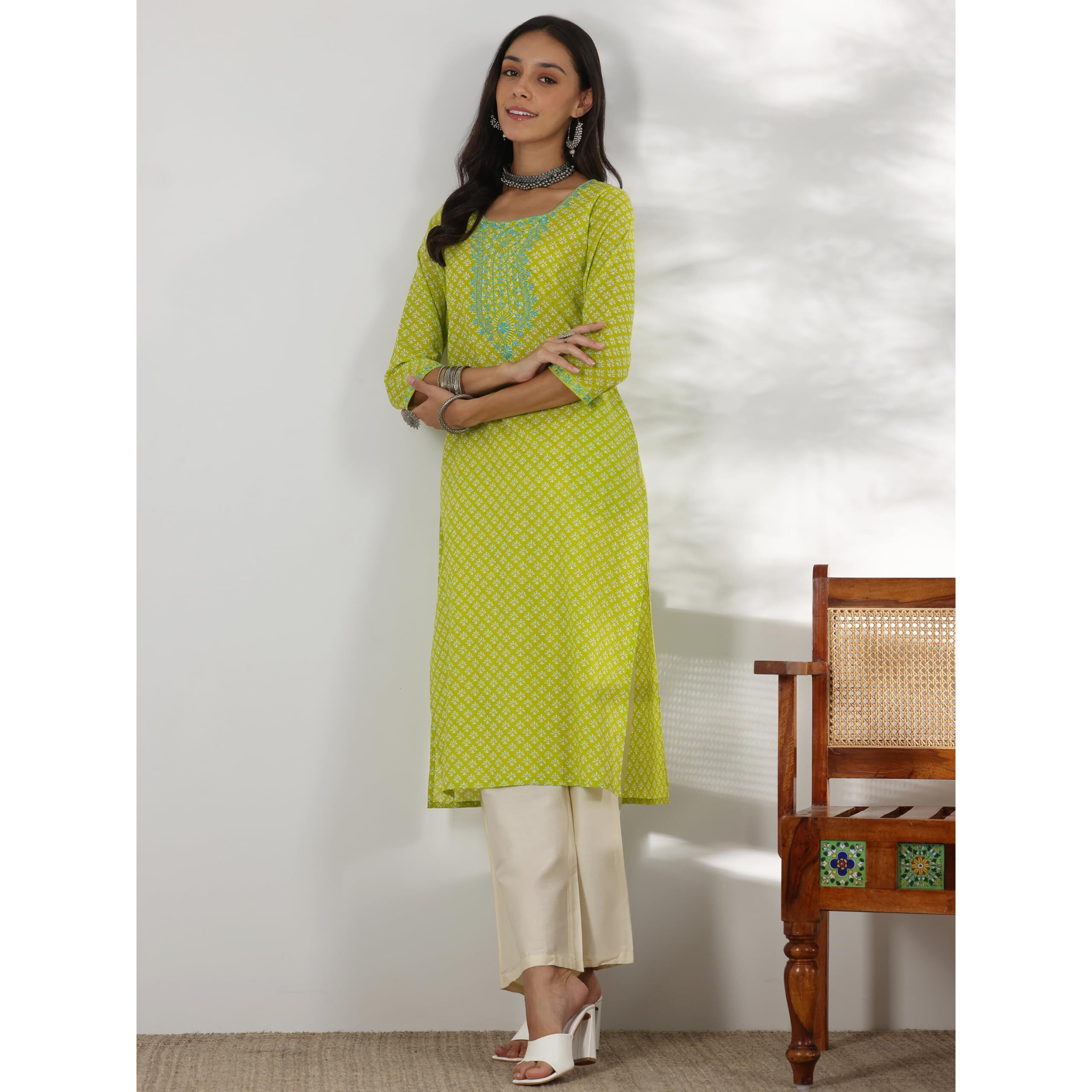Libas Women's Cotton Printed Straight Kurta (37225_Green