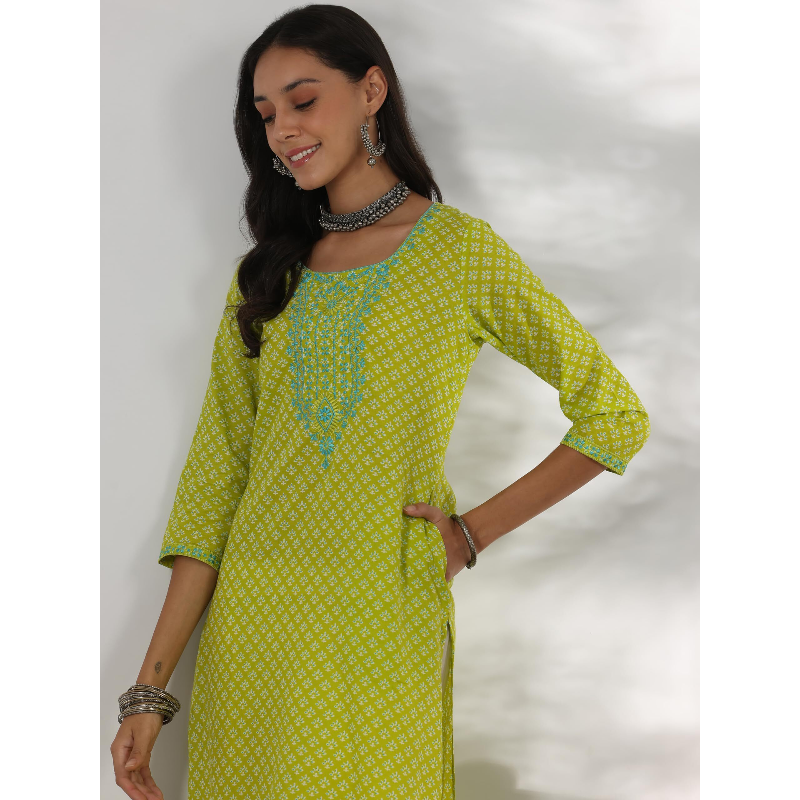 Libas Women's Cotton Printed Straight Kurta (37225_Green