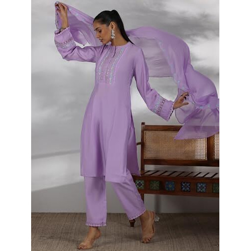 Libas Womens Yoke Design Silk Blend Straight Kurta With Trousers And Dupatta