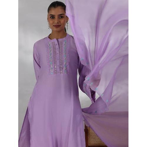 Libas Womens Yoke Design Silk Blend Straight Kurta With Trousers And Dupatta