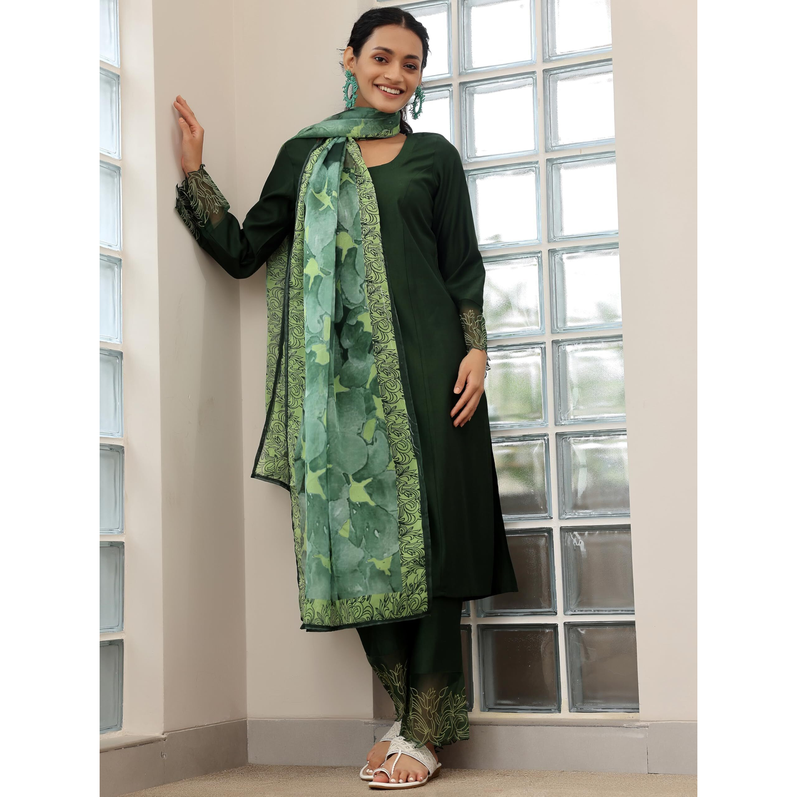 Libas Womens Embellished Silk Blend Straight Kurta With Trousers And Dupatta