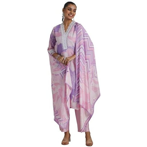 Libas Womens Printed Cotton Blend Straight Kurta With Trousers And Dupatta