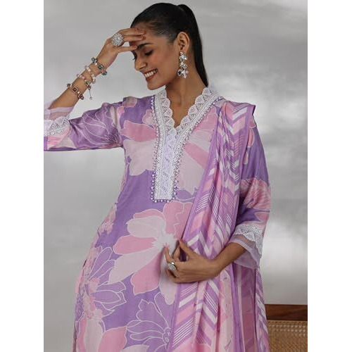 Libas Womens Printed Cotton Blend Straight Kurta With Trousers And Dupatta