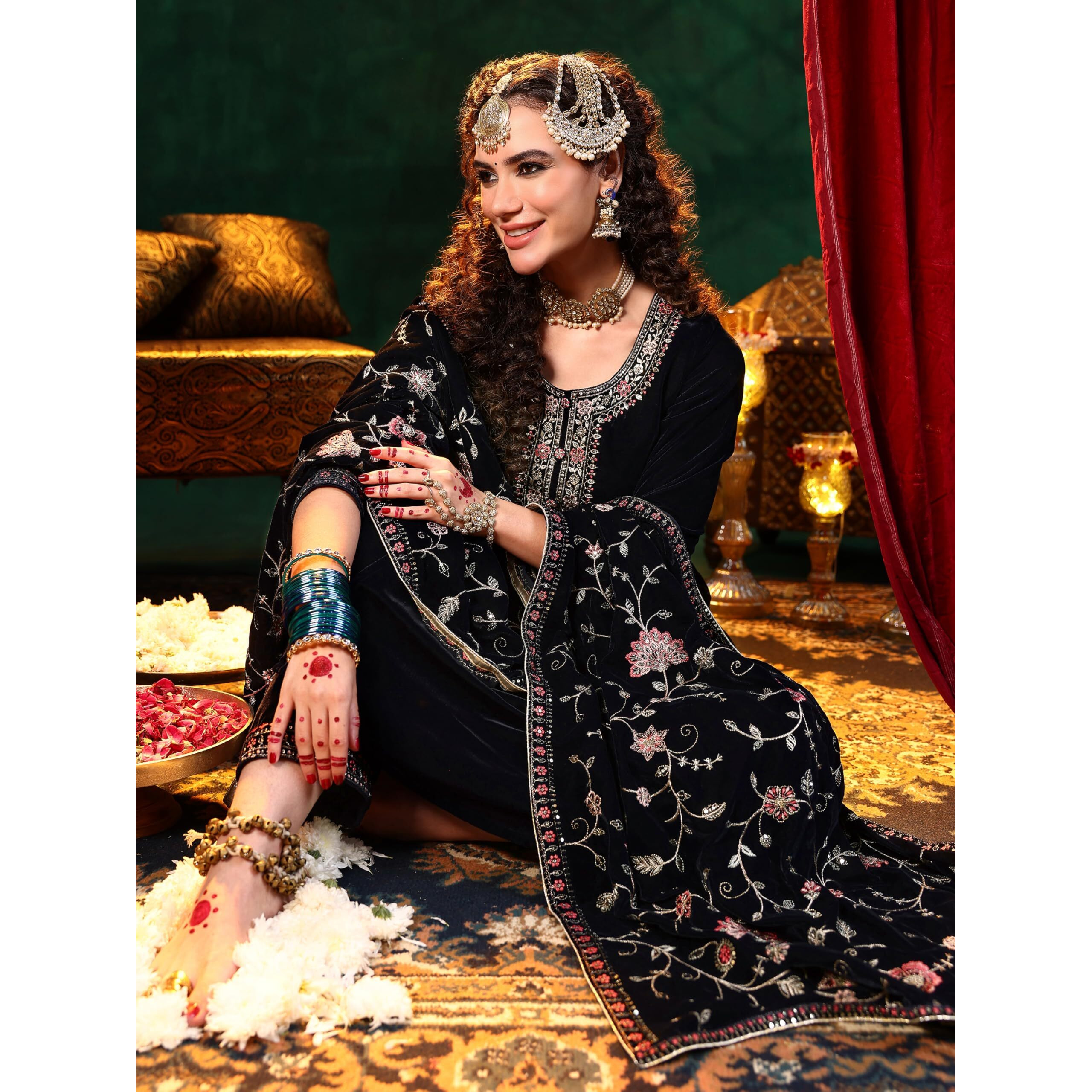 Libas Womens Yoke Design Velvet Straight Kurta With Trousers And Dupatta